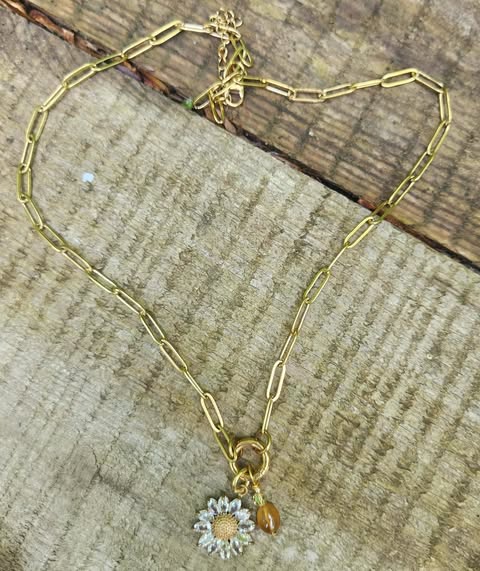 Gold paperclip chain with daisy and citrine charm