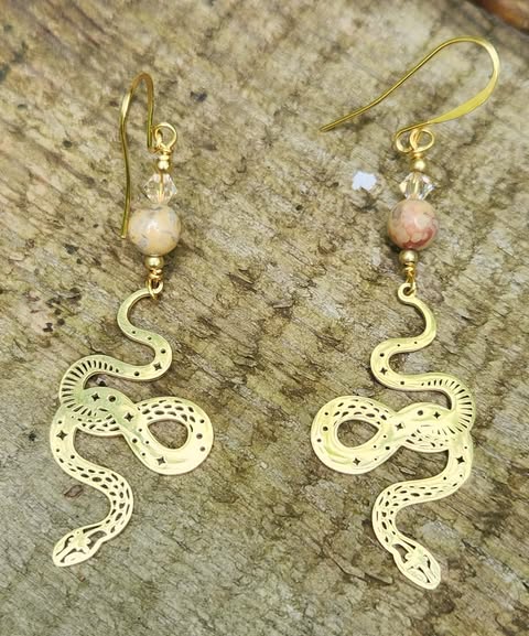 Brass snake earrings with banded jasper