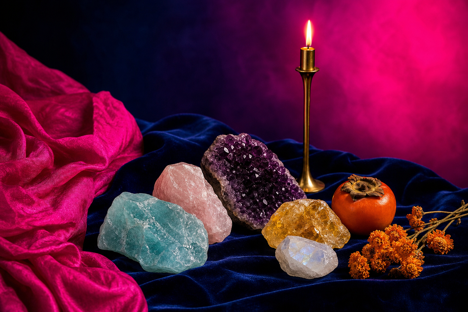 Editorial still life of raw gemstones on indigo velvet with fuchsia silk
